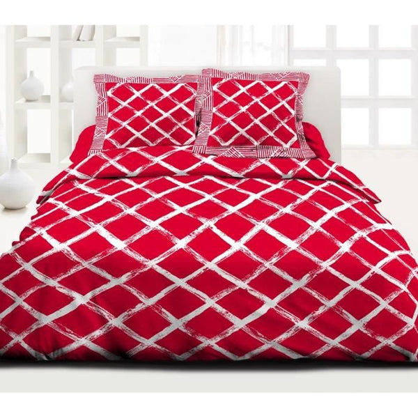 LOT DE 2 ENSEMBLES PARURES DE LIT AVEC TAIES D'OREILLERS I 100 % COTON I 57 FILS/CM2 - CARREAUX ROUGE